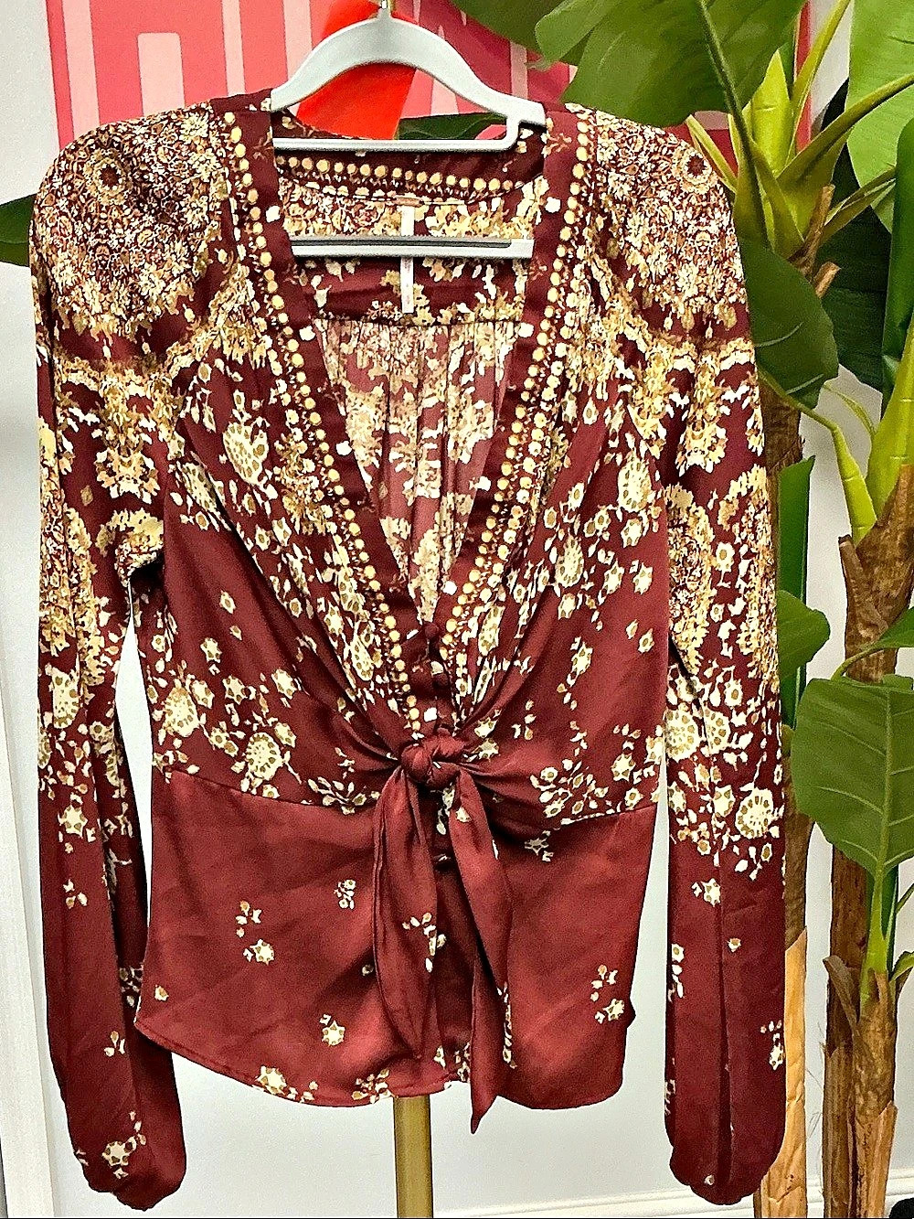 Free People Run Free Blouse Floral Tie Front Burgundy & Gold